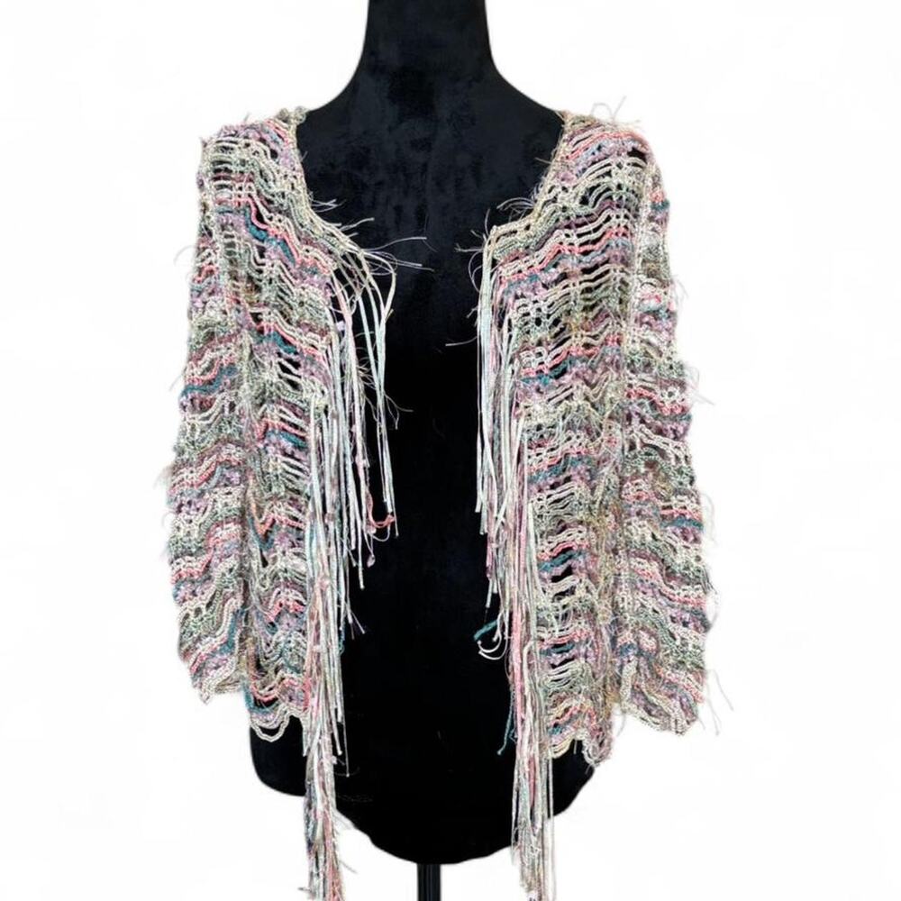 Y2K Textured Fringe Open Cardigan – Boho Art Knit M